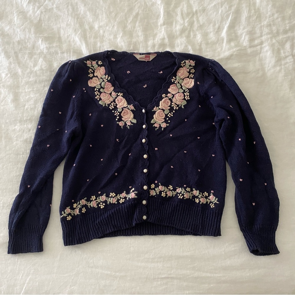Vintage navy floral embroidered knit cardigan